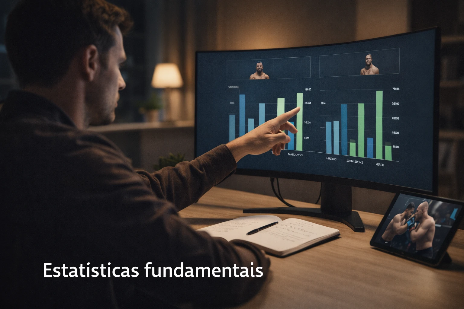 Analista desportivo a estudar dados de lutadores num monitor com gráficos