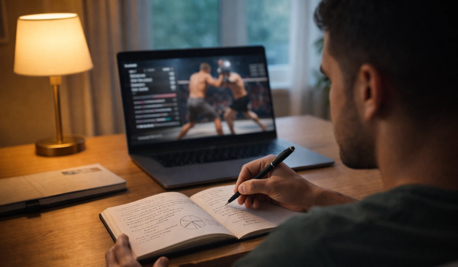 Pessoa analisando estatísticas de lutadores de MMA em laptop enquanto faz anotações em caderno