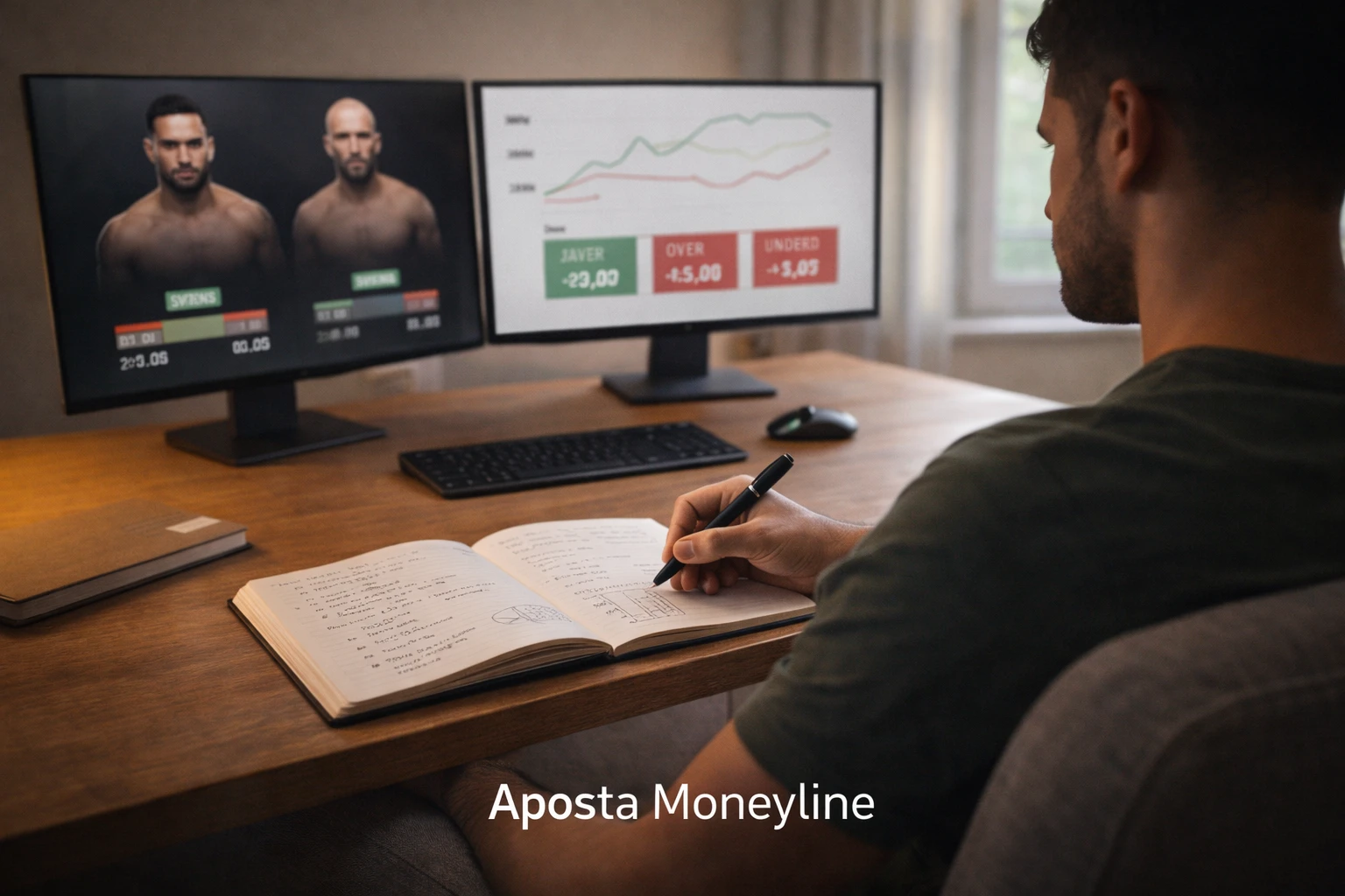 Analista de apostas desportivas a estudar estatísticas e odds de lutadores UFC no computador