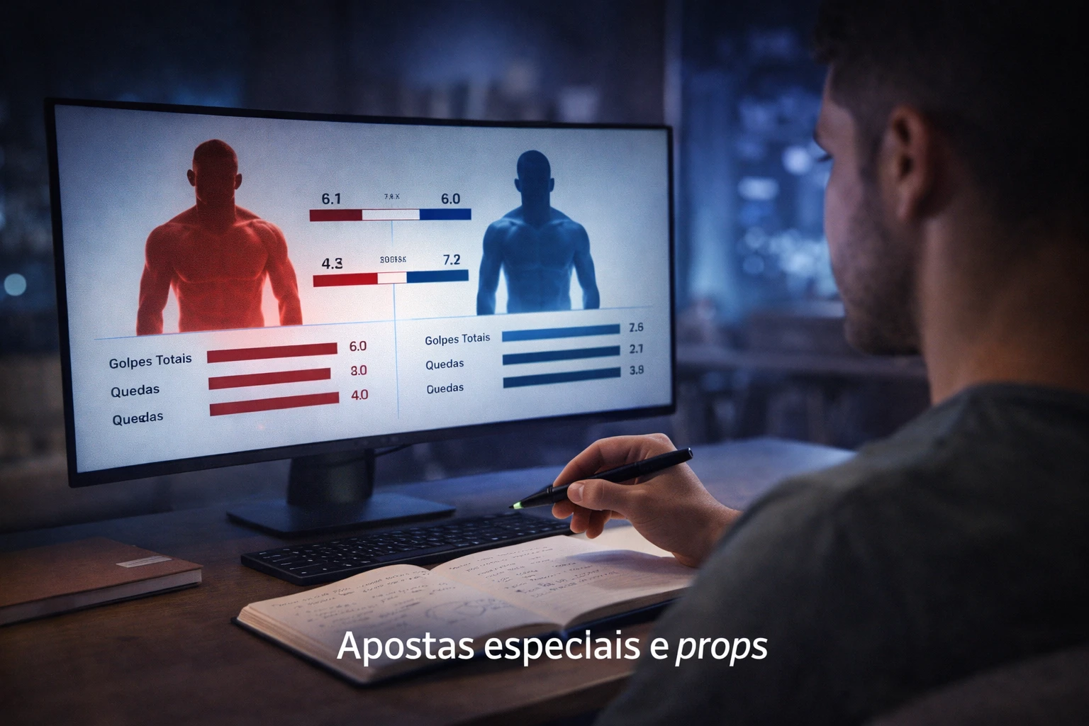 Analista de dados desportivos a rever estatísticas detalhadas de lutadores UFC num monitor grande