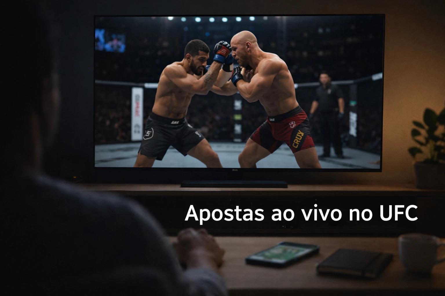 Setup de visualização com televisão a mostrar luta UFC e tablet com interface de apostas ao vivo em ambiente dinâmico