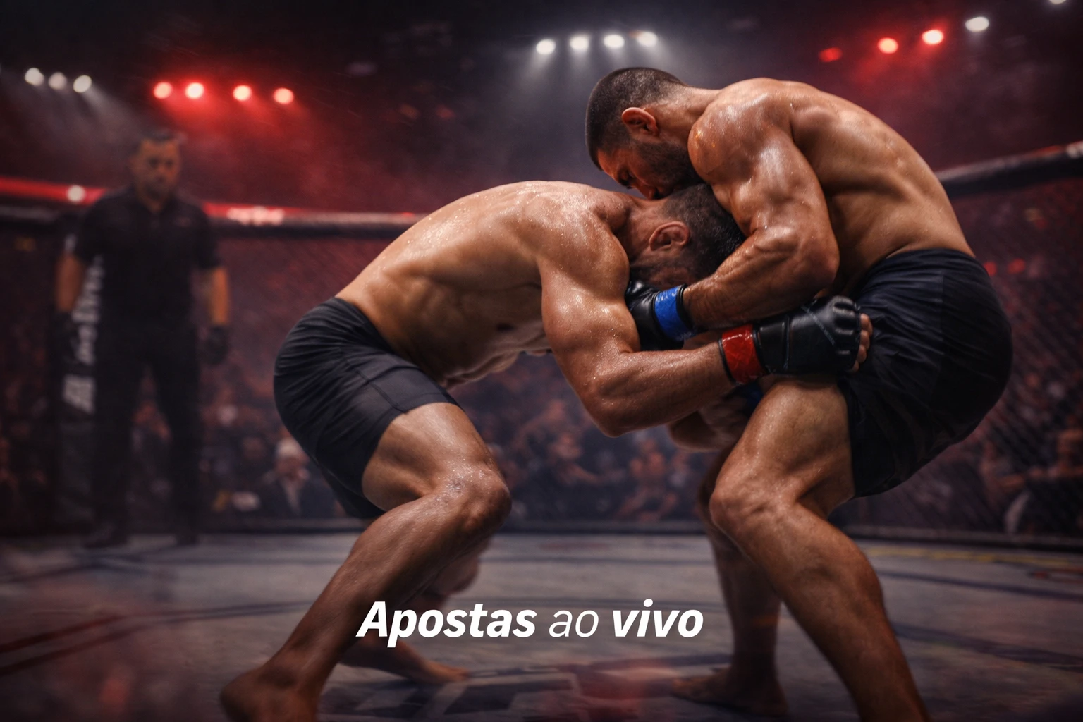 Dois lutadores de MMA em intenso combate de grappling dentro do octógono com iluminação dramática