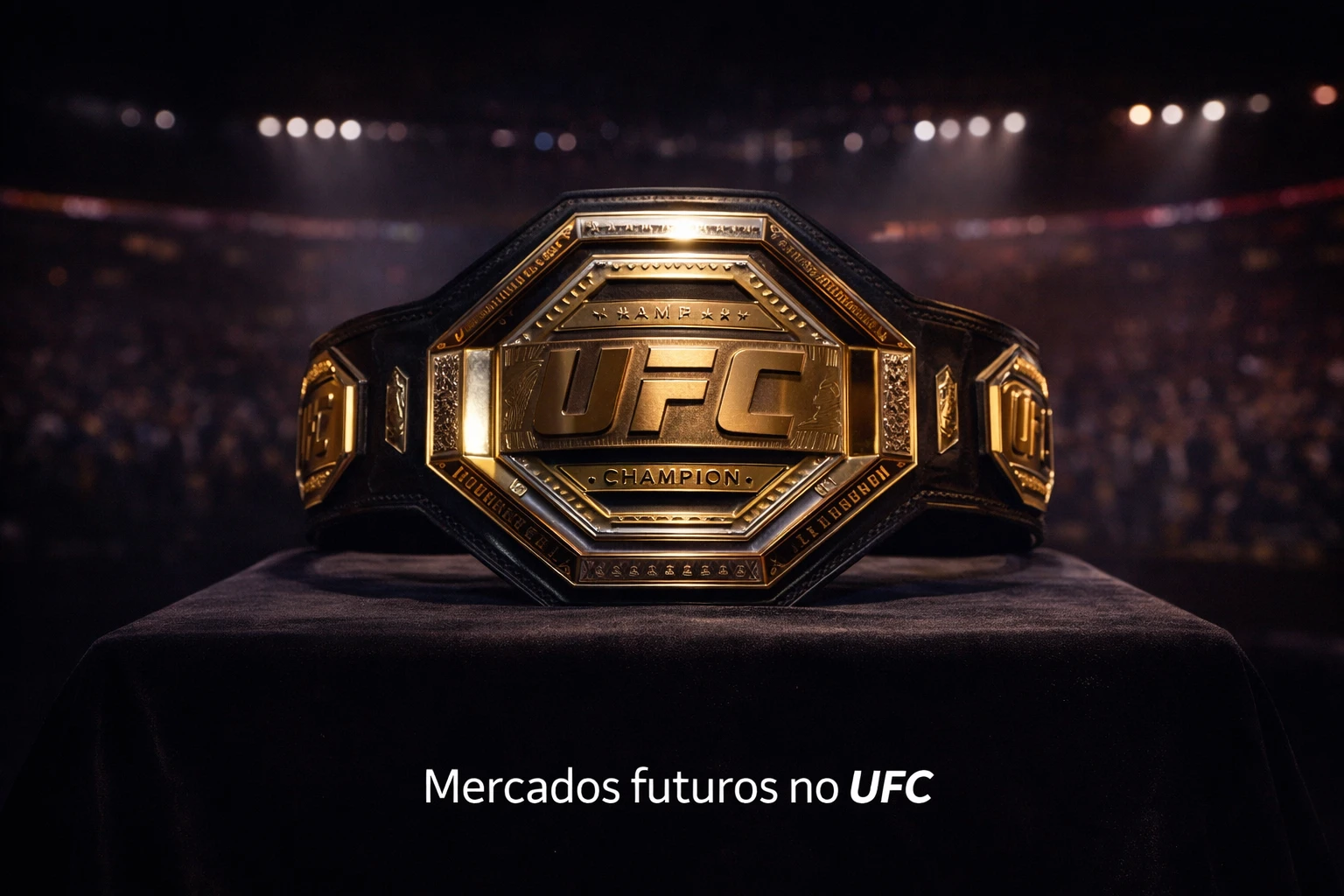 Cinturão de campeão UFC iluminado dramaticamente simbolizando apostas futuras em campeonatos