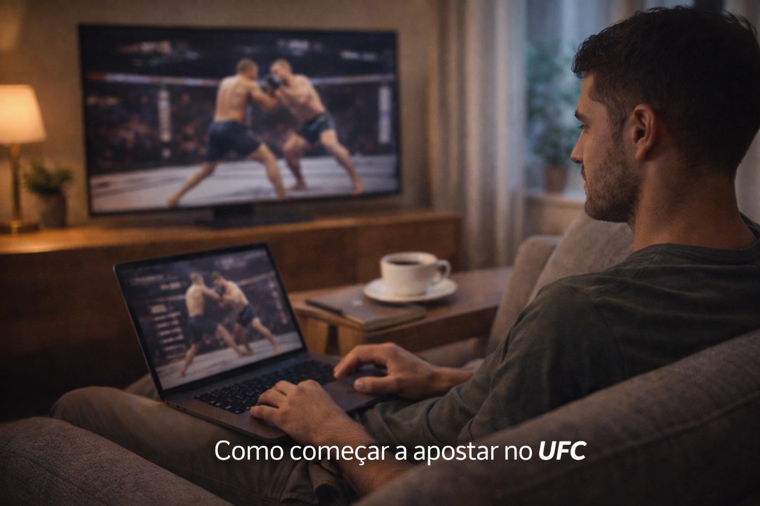 Pessoa a assistir luta UFC na televisão enquanto explora apostas no portátil em ambiente caseiro acolhedor