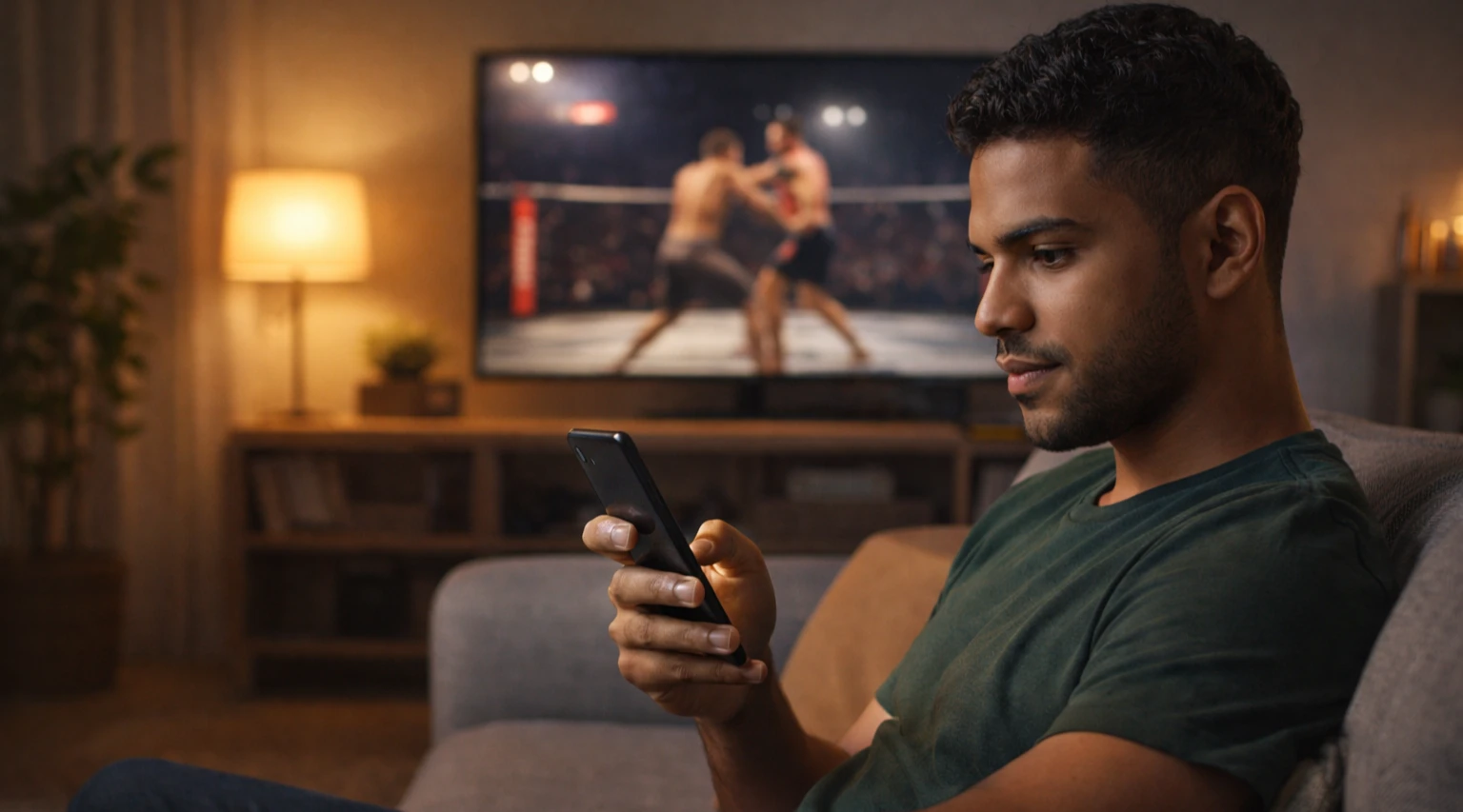 Jovem brasileiro assistindo luta de MMA na TV enquanto usa smartphone para fazer apostas em casa