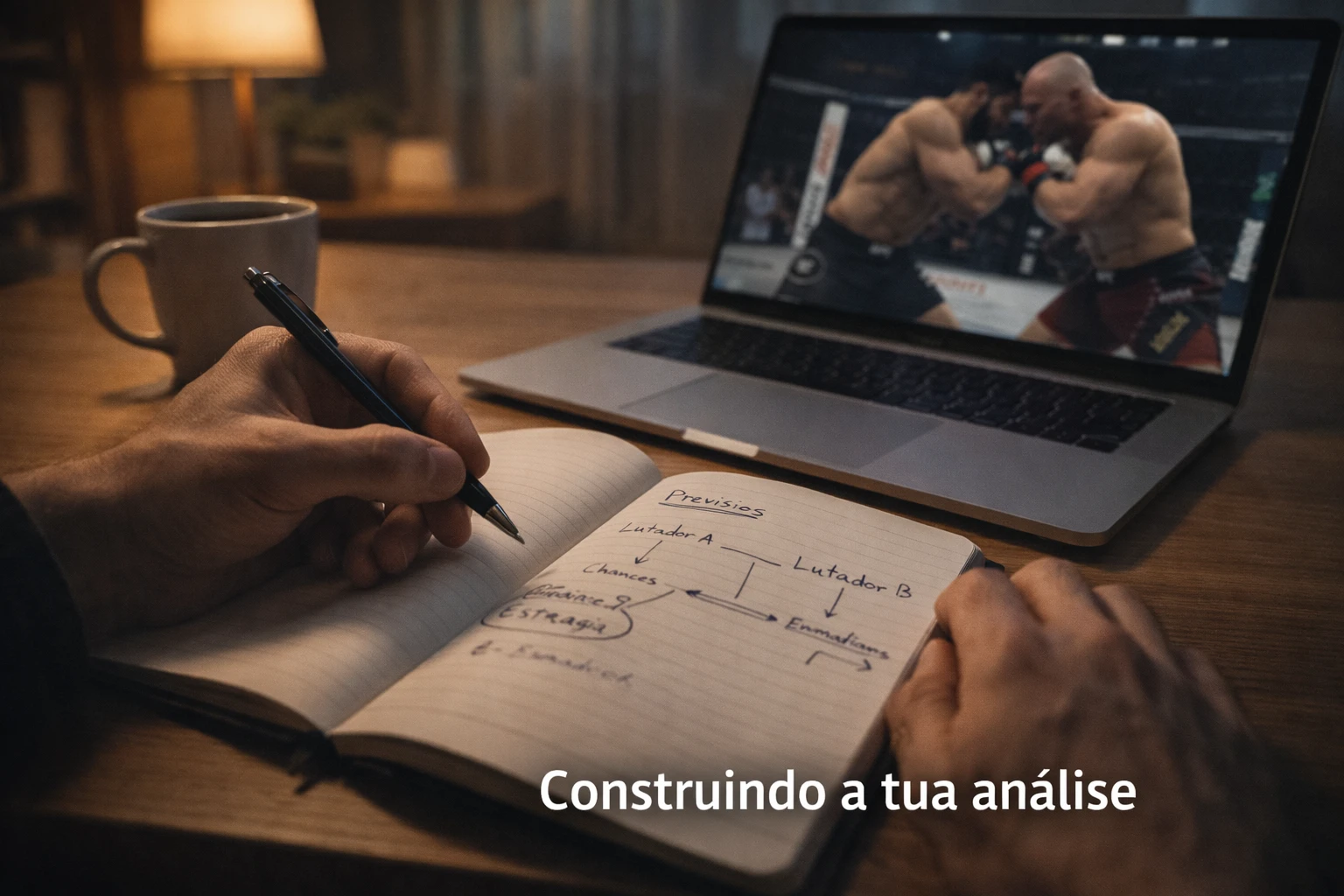 Mãos a escrever notas de análise de luta com portátil a mostrar vídeo do UFC