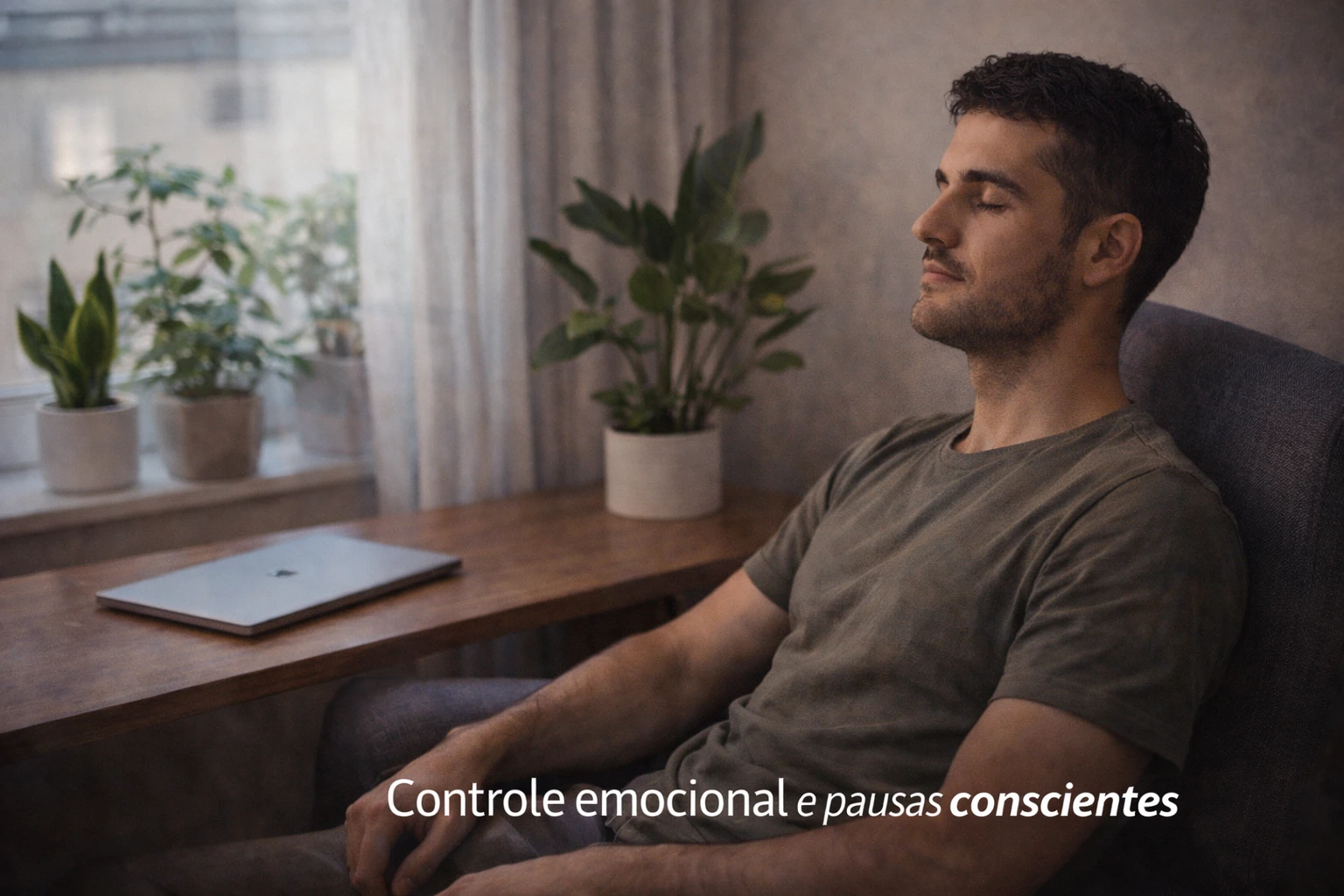 Pessoa calma a fazer pausa relaxante numa cadeira confortável com portátil fechado na secretária