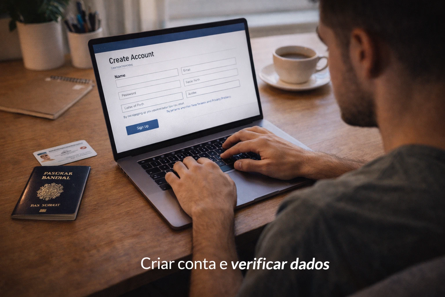 Pessoa a completar registo online no portátil com documentos de identificação na secretária