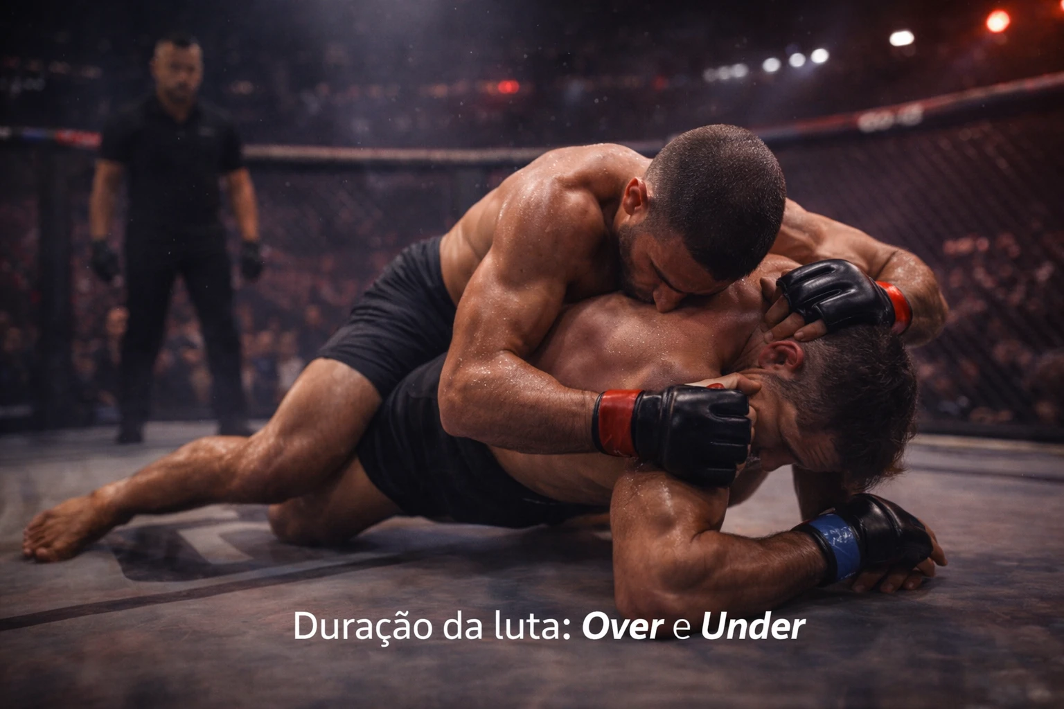 Momento intenso de luta de MMA com dois lutadores em posição de grappling no octógono