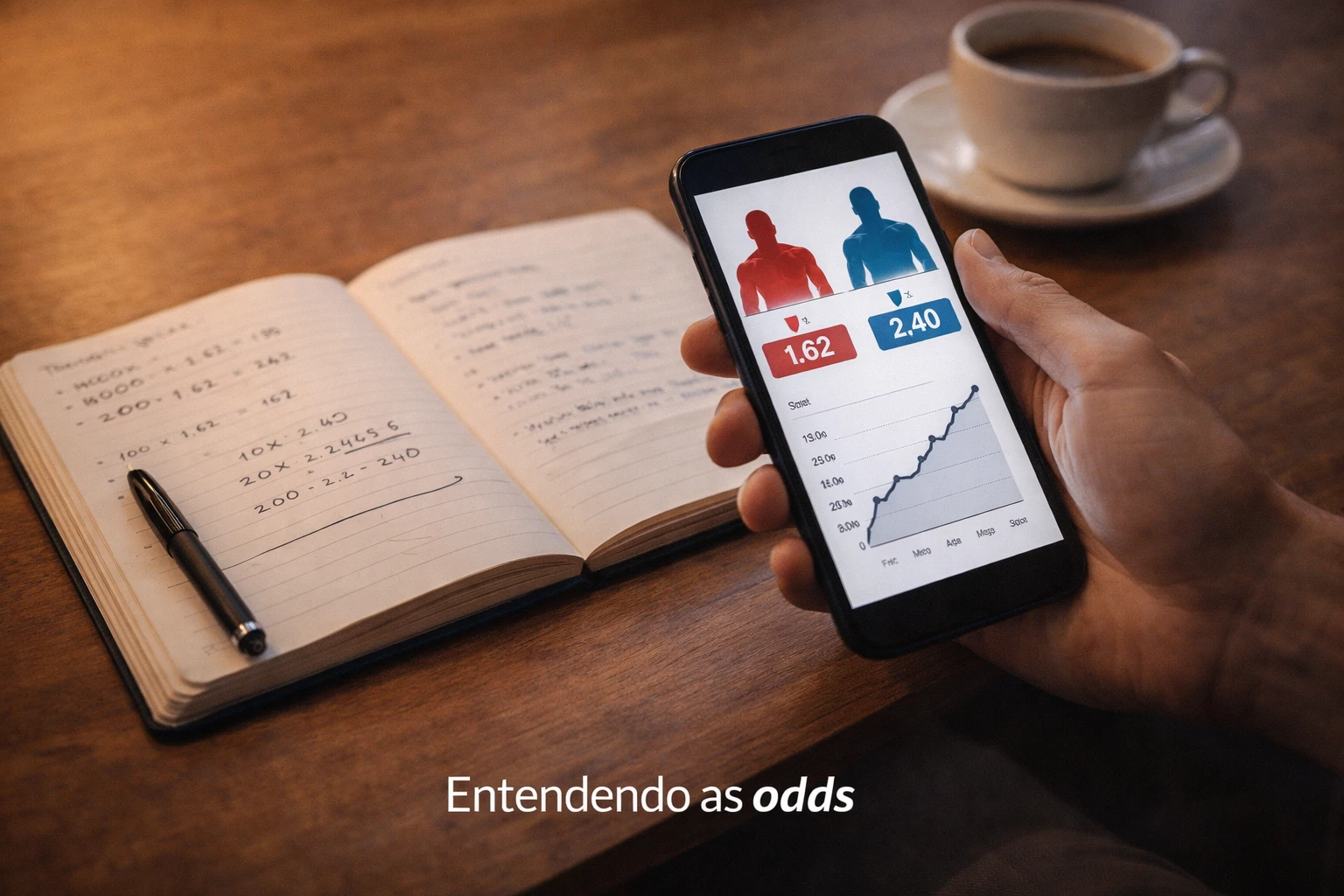 Mãos a segurar telemóvel com interface de apostas e caderno com anotações sobre odds e probabilidades