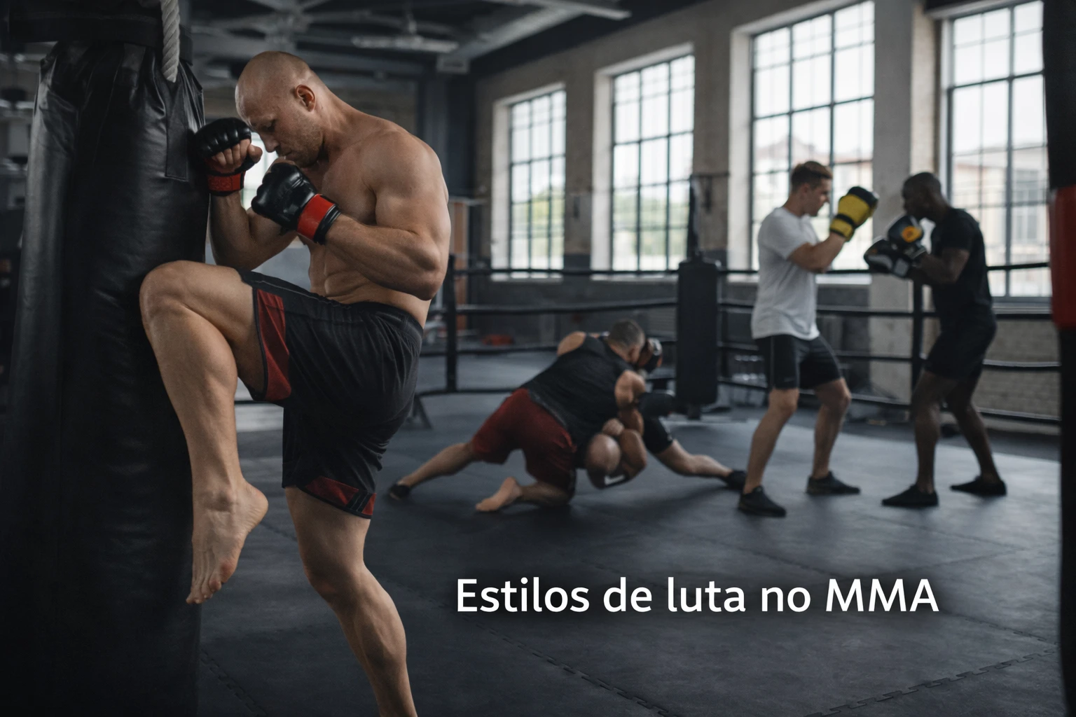 Ginásio de MMA com lutadores a treinar diferentes estilos: muay thai, wrestling e boxe