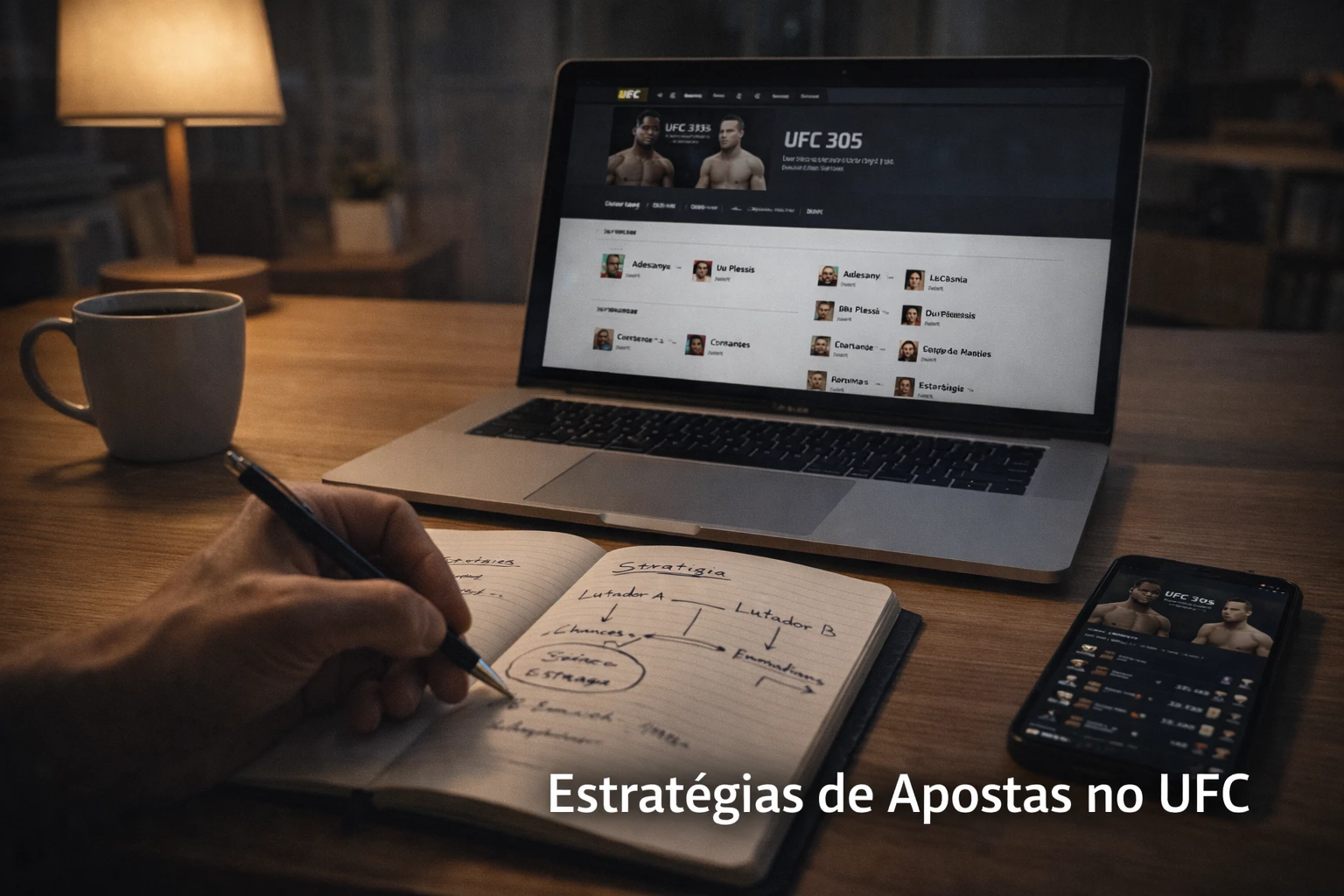 Espaço de trabalho profissional com portátil mostrando evento UFC e notas de estratégia