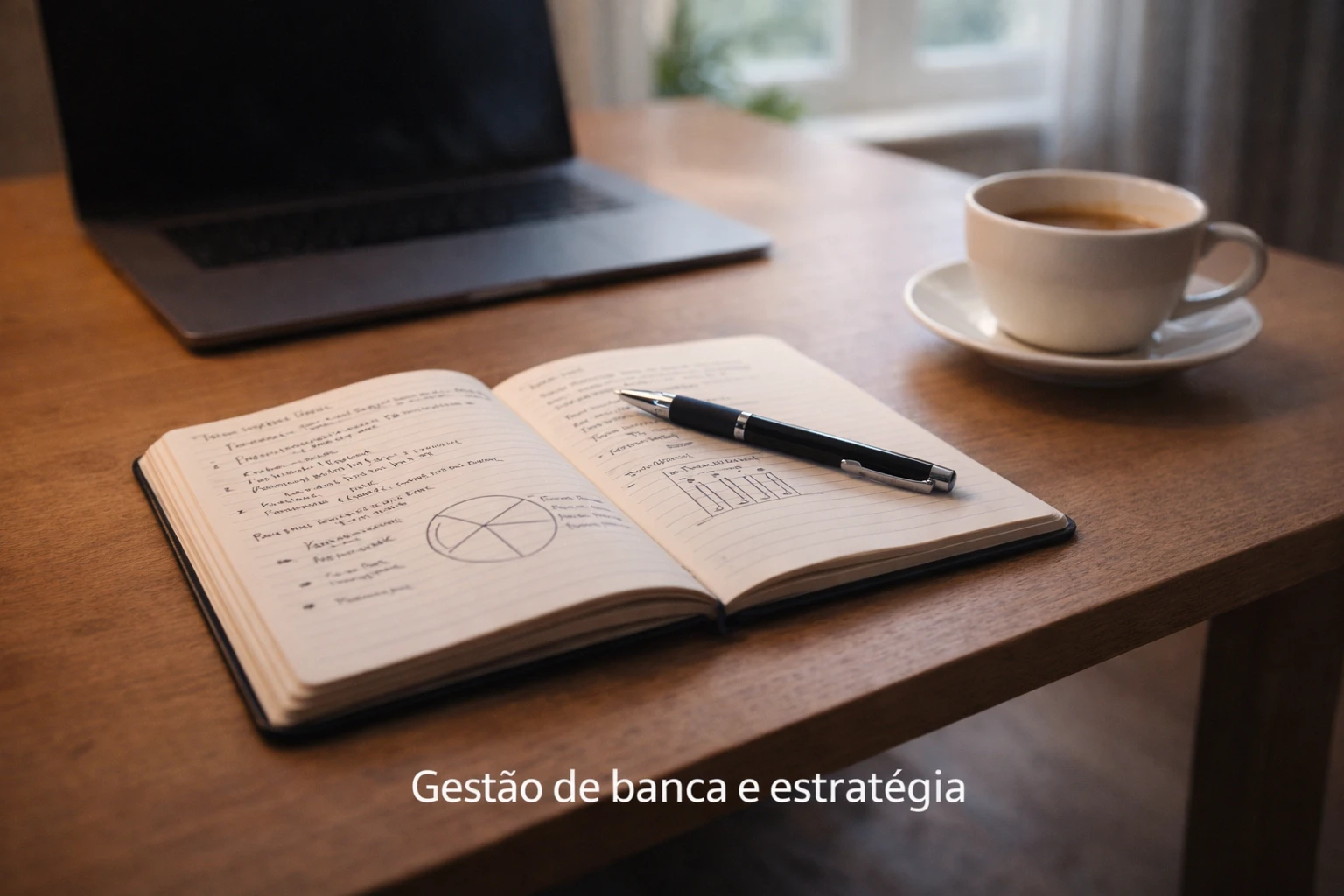 Mesa organizada com caderno de planejamento aberto mostrando notas estratégicas e gráficos simples