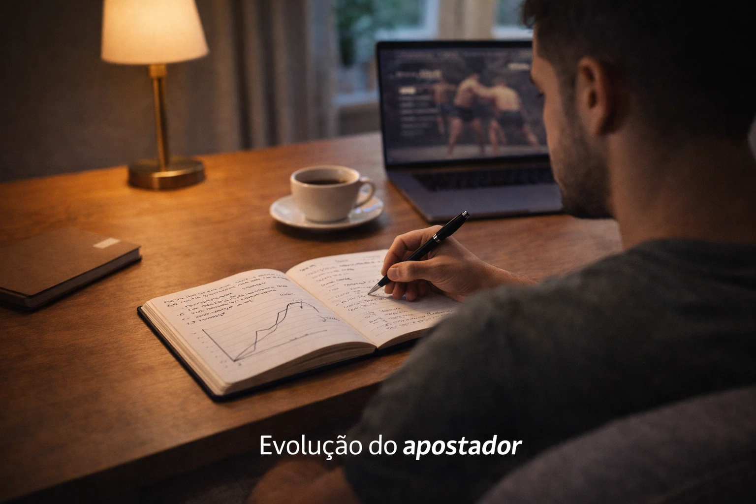 Apostador dedicado a rever registos de apostas e acompanhar evolução no seu caderno profissional