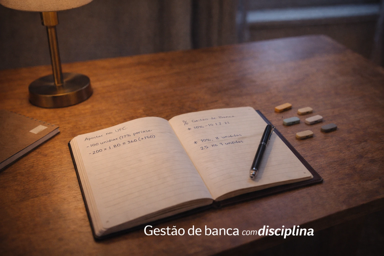 Secretária organizada com diário de apostas aberto mostrando registos e fichas representando unidades de aposta