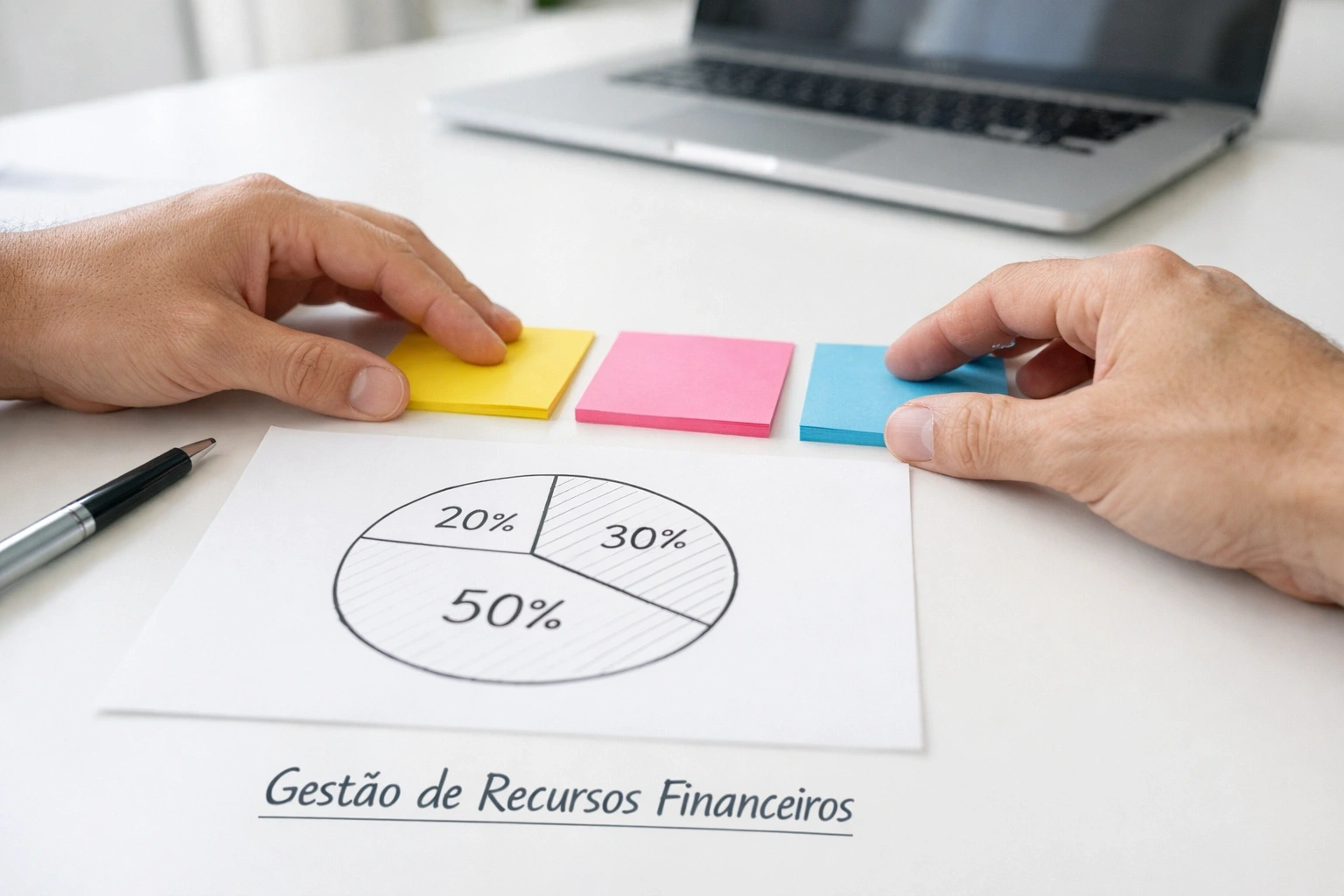 Mãos a organizar notas adesivas coloridas representando alocação de orçamento na secretária