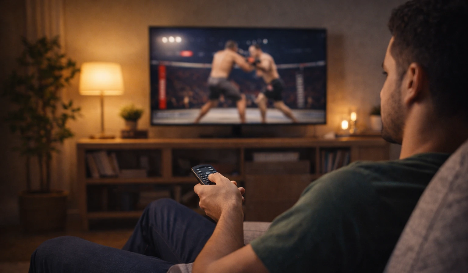 Pessoa relaxada assistindo esportes na TV em ambiente aconchegante de casa representando entretenimento equilibrado
