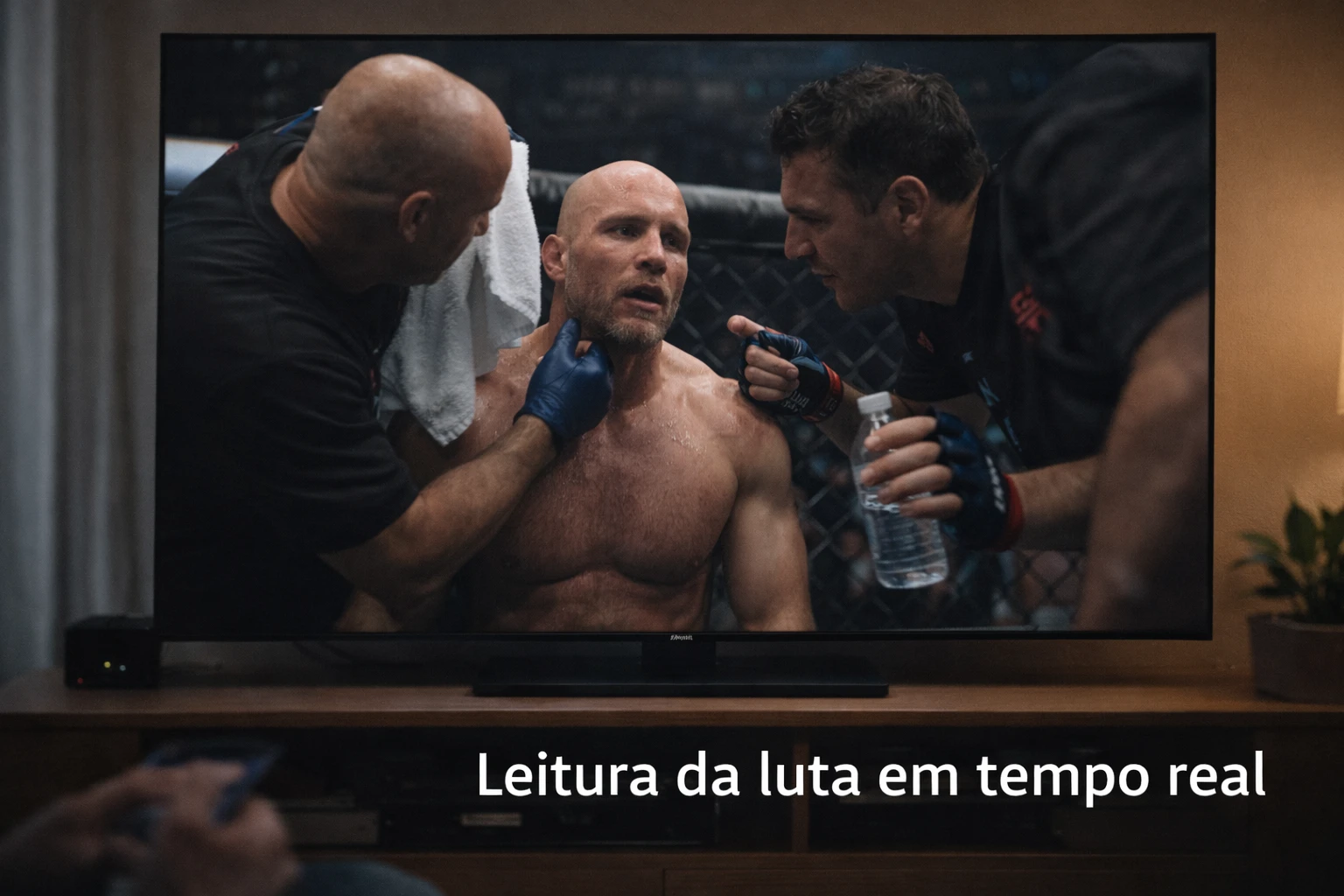 Televisão a mostrar intervalo entre rounds de luta UFC com trabalho de canto visível para análise de condição do lutador