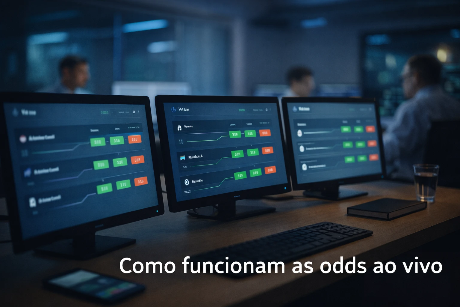 Sala de trading desportivo profissional com monitores a mostrar dados e gráficos de odds em tempo real