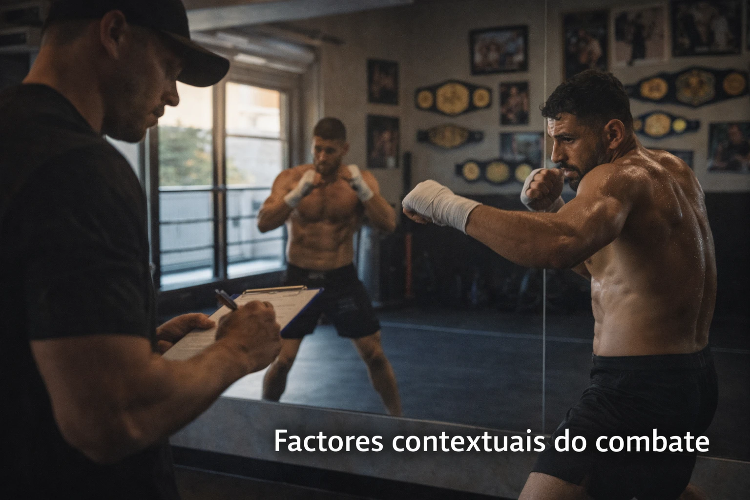 Lutador de MMA a treinar shadowboxing com treinador a observar no ginásio