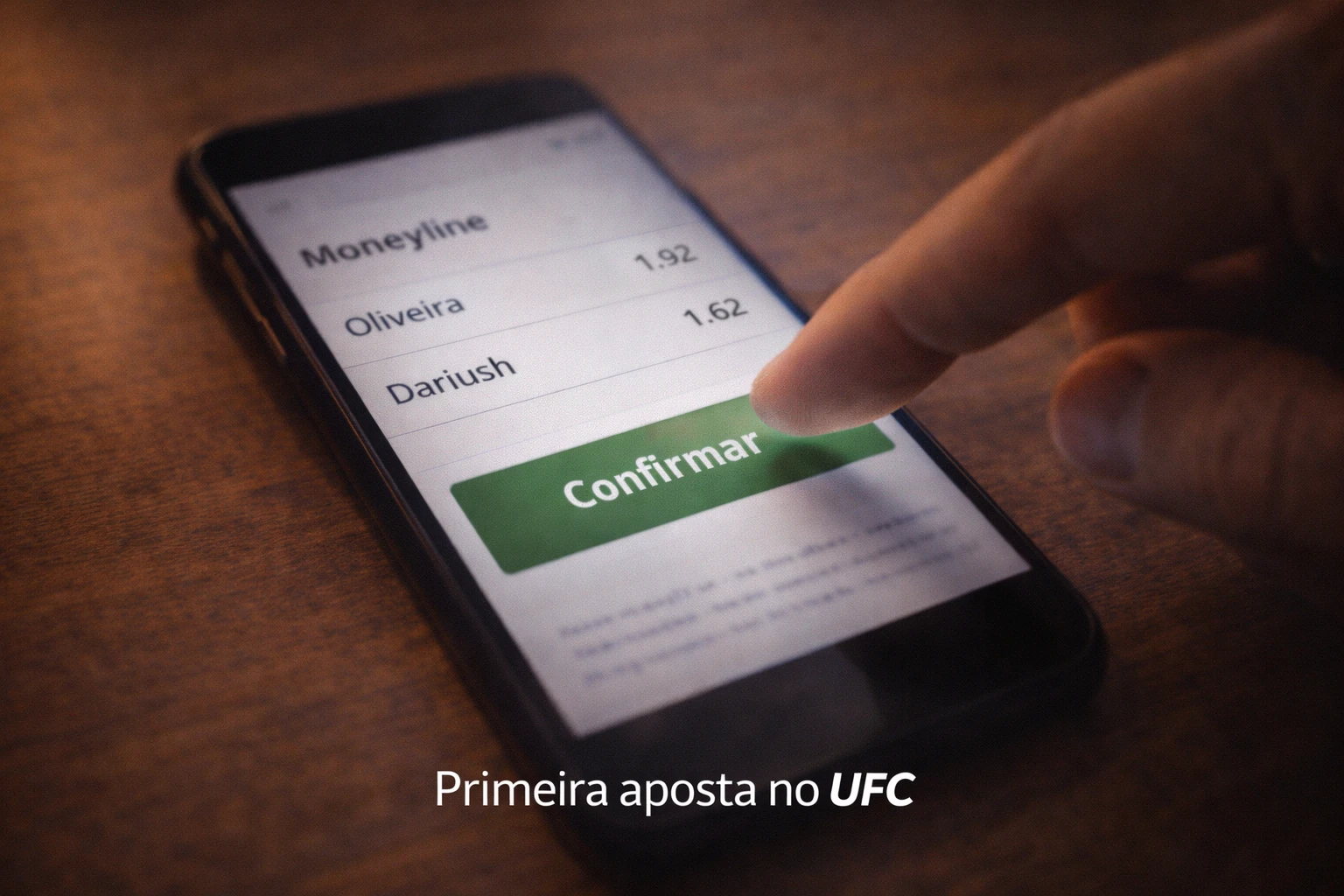 Dedo prestes a tocar no botão de confirmação de aposta na aplicação de telemóvel com odds visíveis