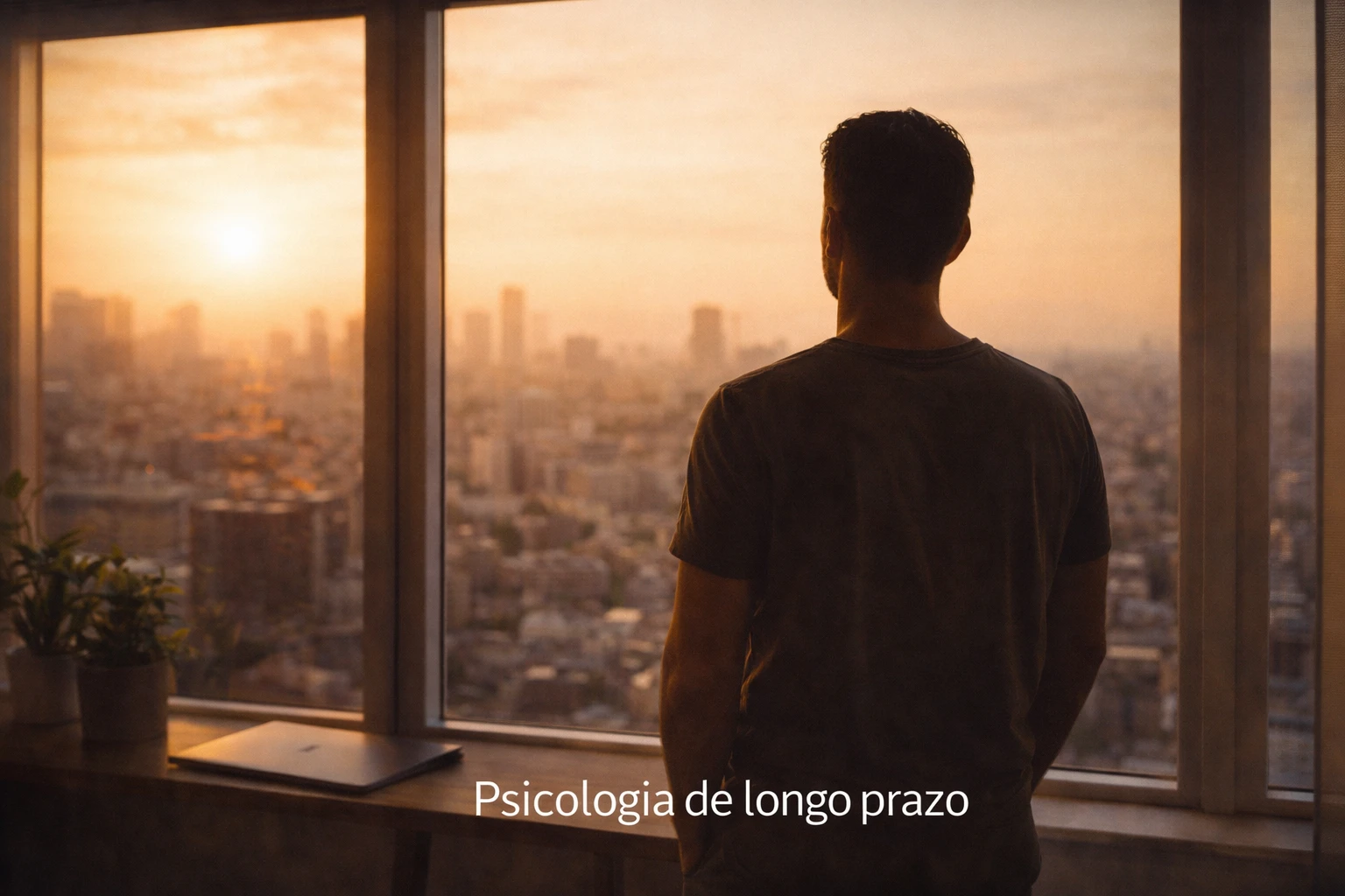 Pessoa a contemplar o horizonte da cidade pela janela ao nascer do sol