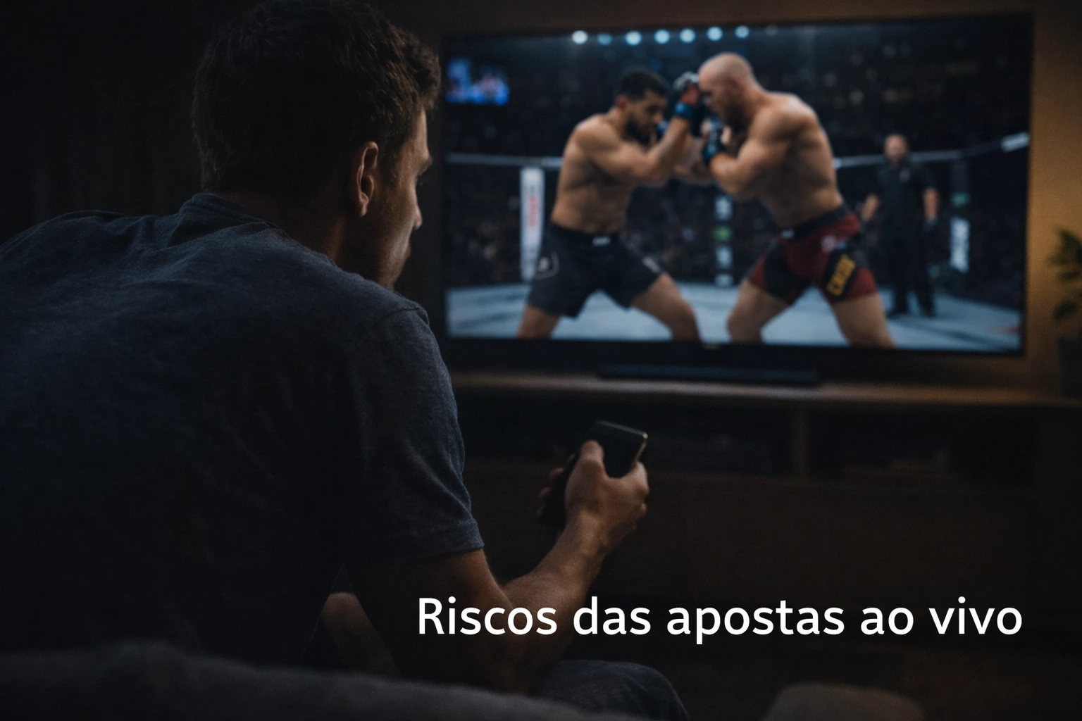 Pessoa a assistir luta UFC com expressão tensa e telemóvel na mão mostrando a pressão emocional das apostas ao vivo