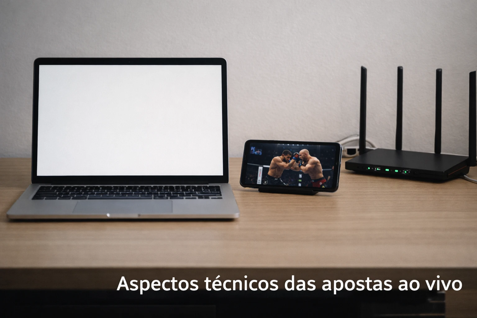 Setup técnico optimizado para apostas ao vivo com portátil, tablet e router de alta velocidade numa secretária organizada