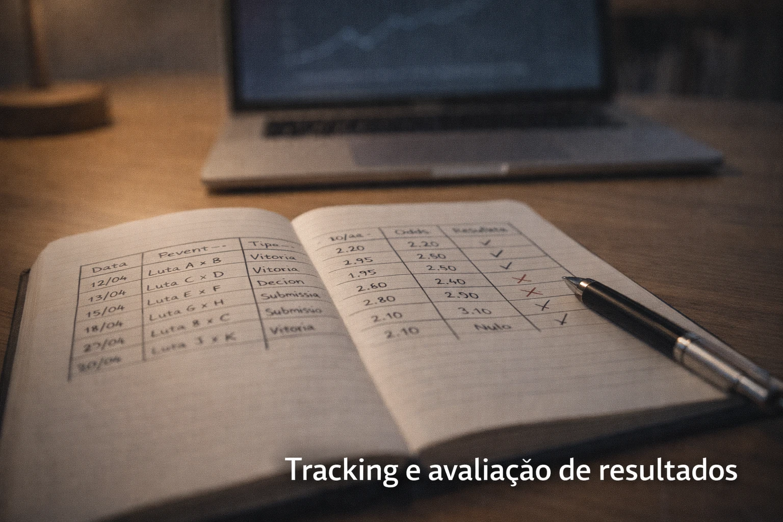 Caderno organizado com registos de dados e gráfico de desempenho no portátil