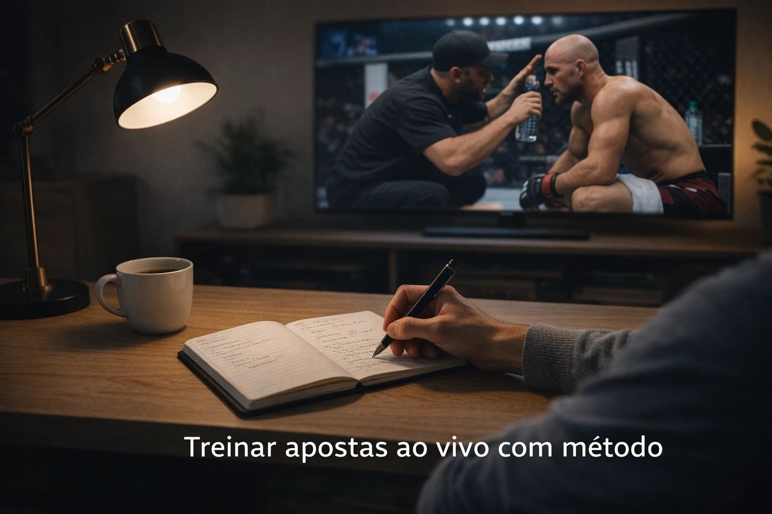 Pessoa a tomar notas manuscritas no caderno enquanto assiste luta UFC pausada no ecrã em ambiente de estudo