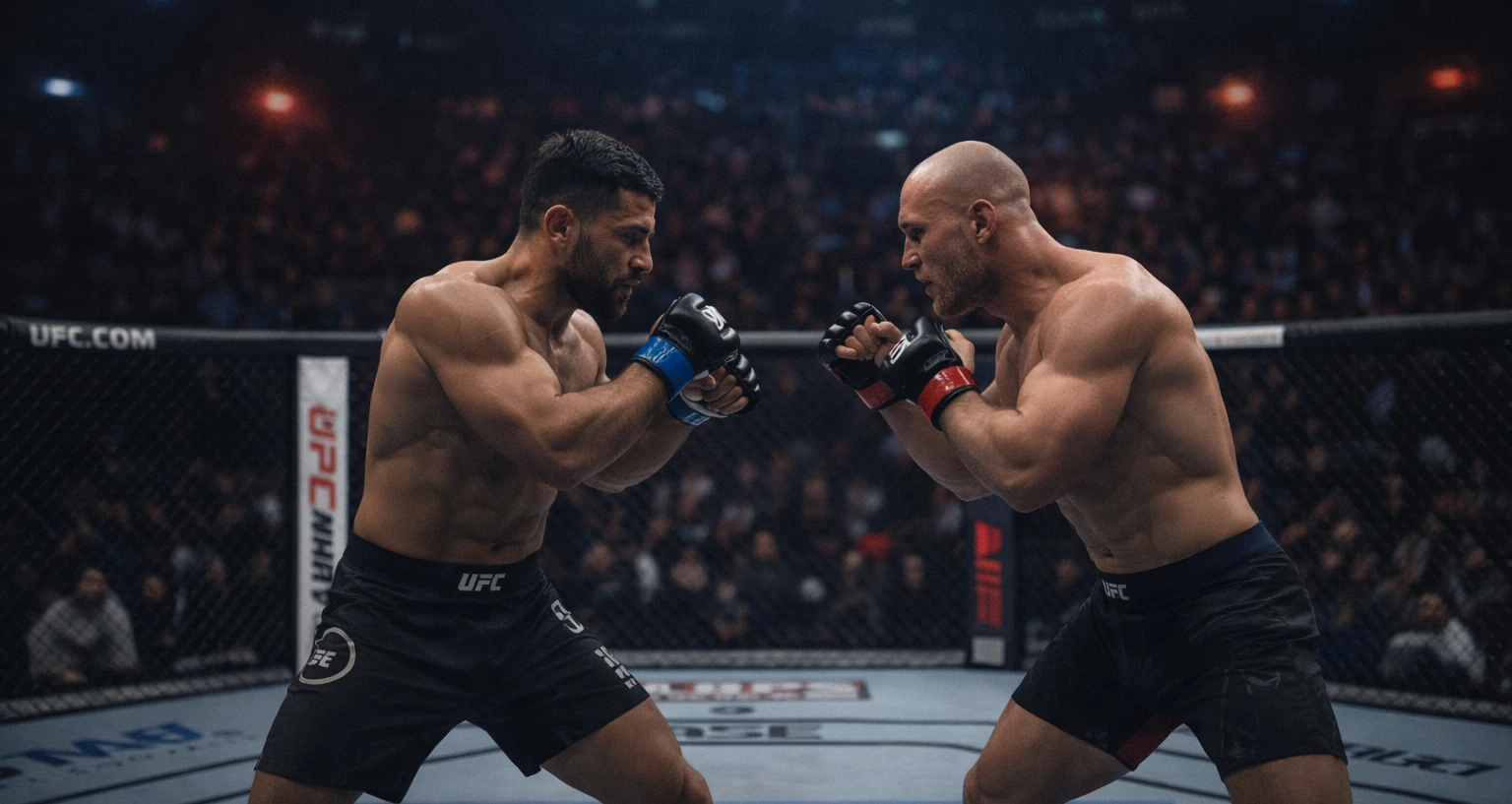 Dois lutadores de MMA em posição de combate dentro do octógono UFC com iluminação dramática