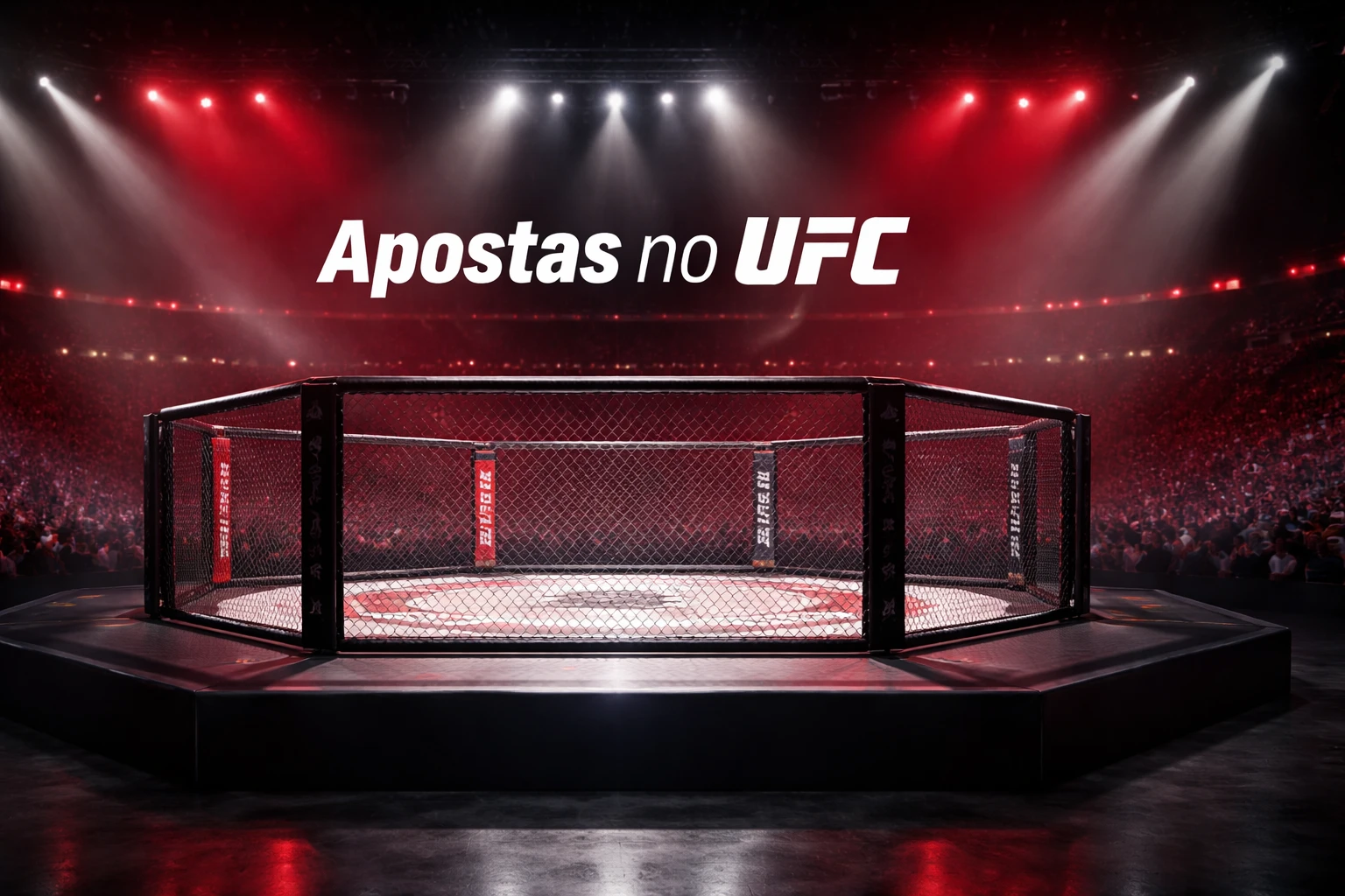 Octógono do UFC iluminado com luzes dramáticas vermelhas e brancas em arena profissional de MMA