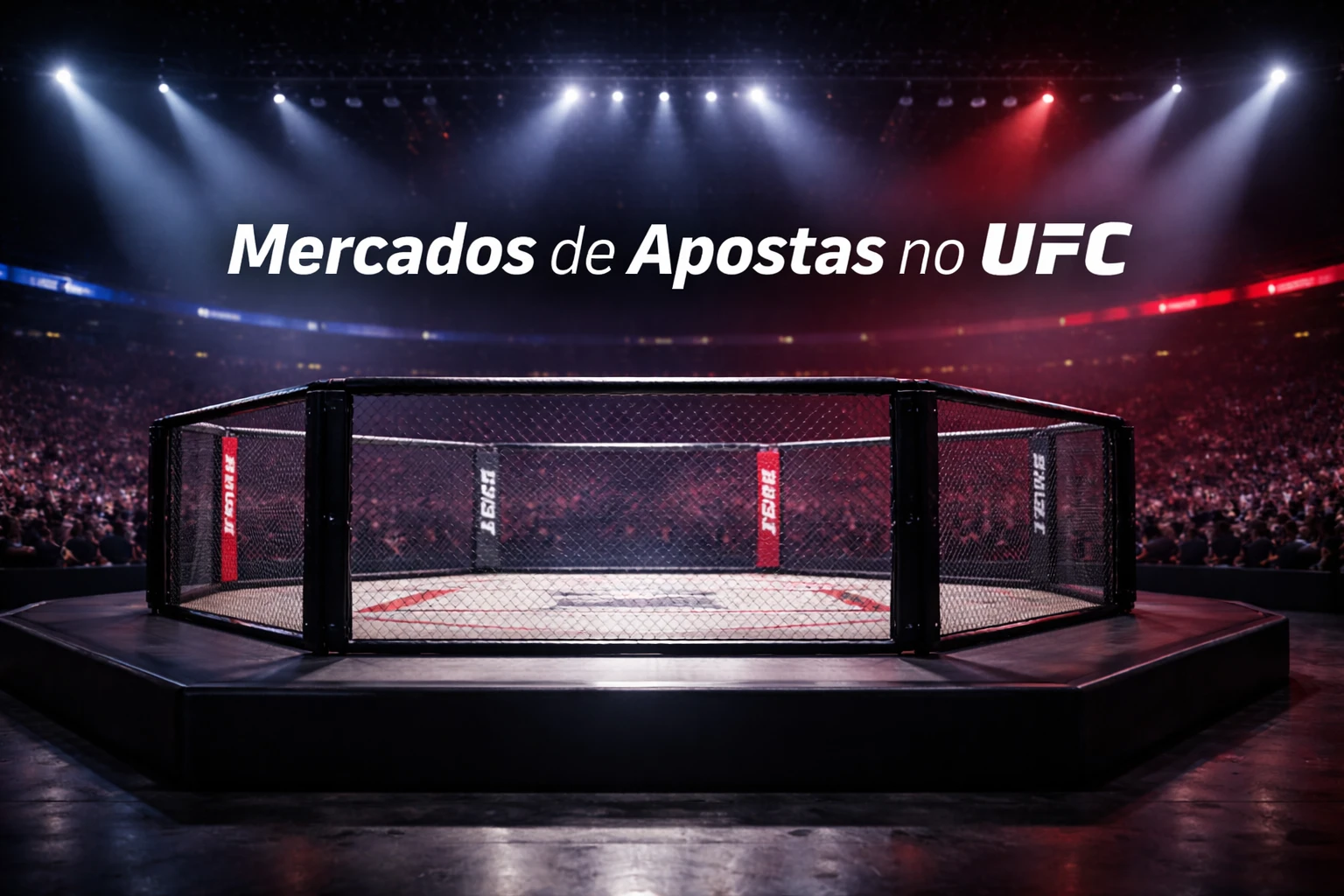 Arena UFC com octógono iluminado durante evento principal de MMA